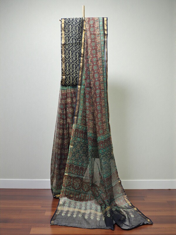 Wine & Black Kota Doria Hand Block Print Saree for Women