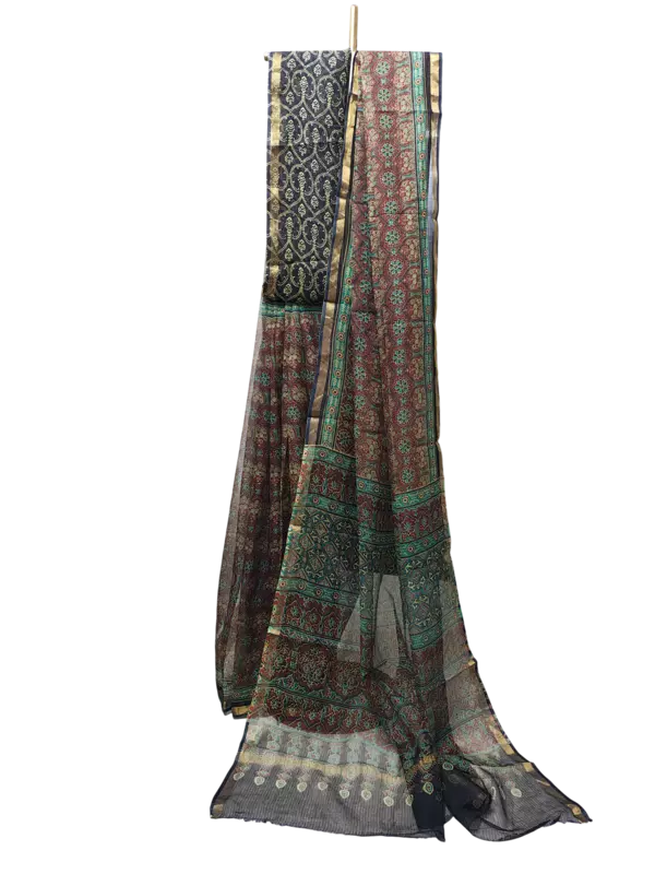 Wine & Black Kota Doria Hand Block Print Saree for Women