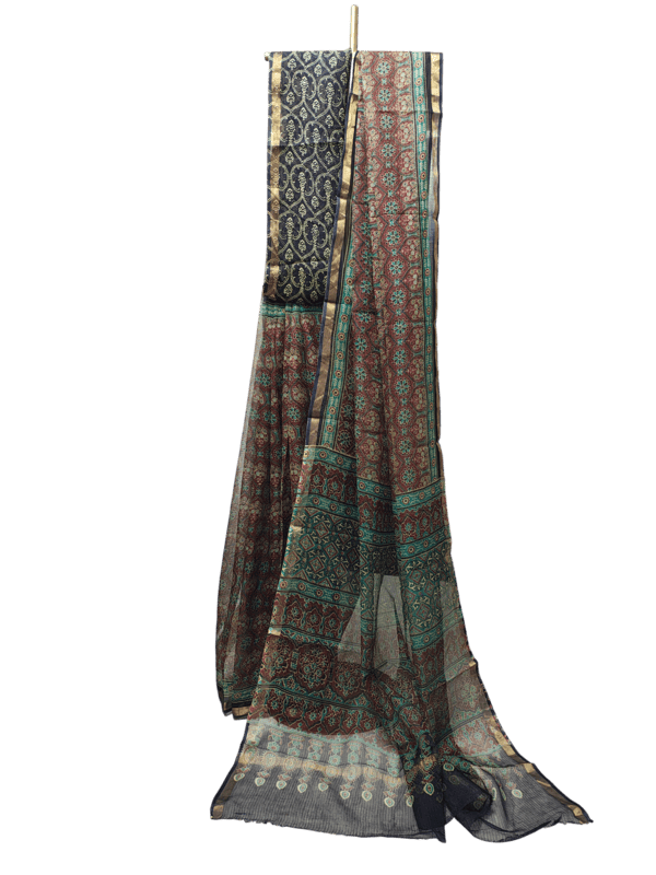 Wine & Black Kota Doria Hand Block Print Saree for Women