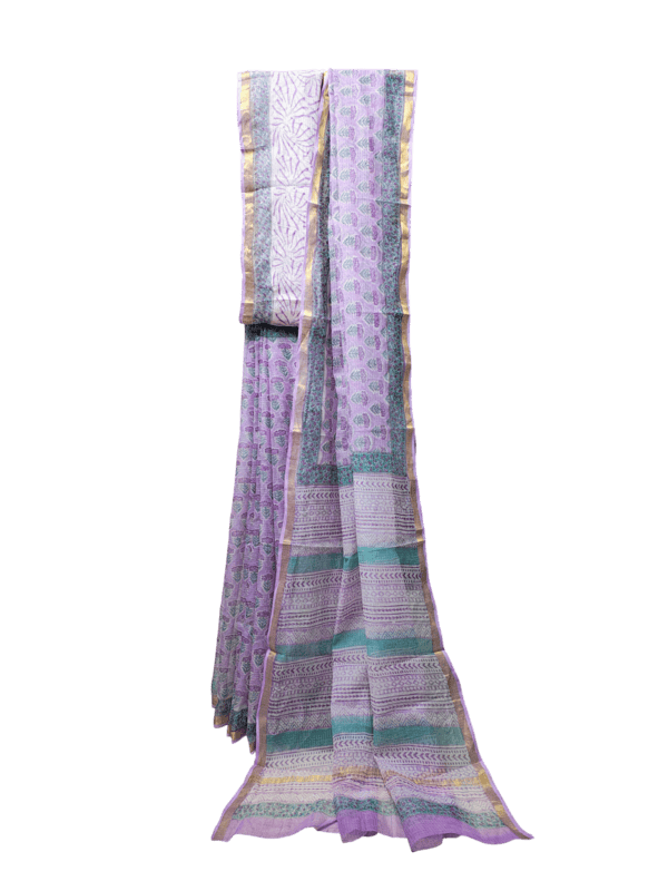 Lavender Kota Doria Hand Block Print Saree for Women