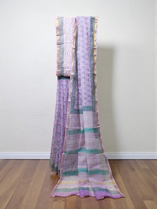 Lavender Kota Doria Hand Block Print Saree for Women