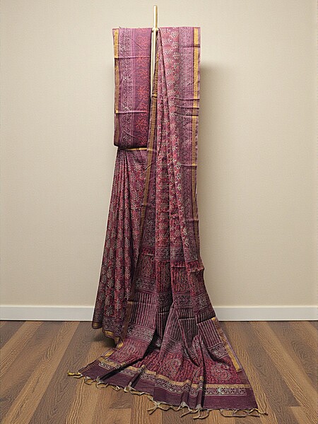Maroon Chanderi Silk Block Print Saree for Women