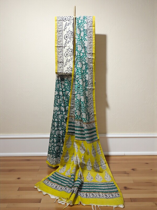 Green Chanderi Silk Hand Block Print Saree for Women