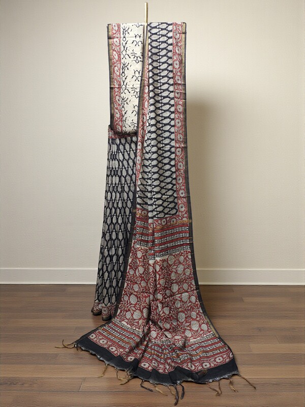 Black Chanderi Silk Hand Block Print Saree for Women