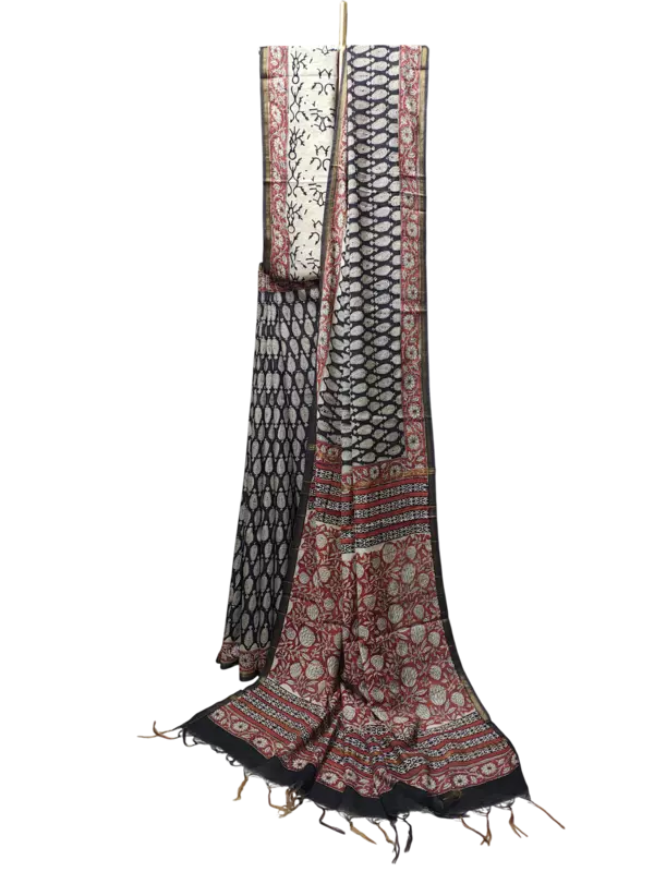 Black Chanderi Silk Hand Block Print Saree for Women