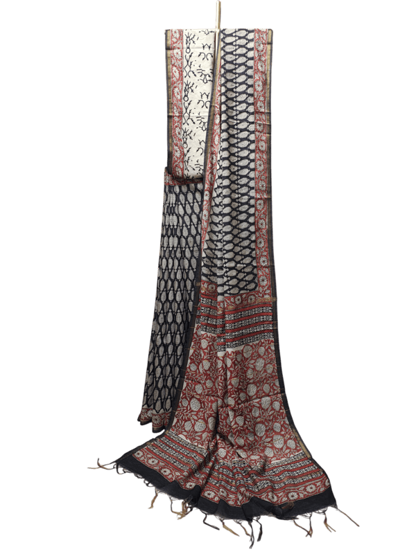 Black Chanderi Silk Hand Block Print Saree for Women