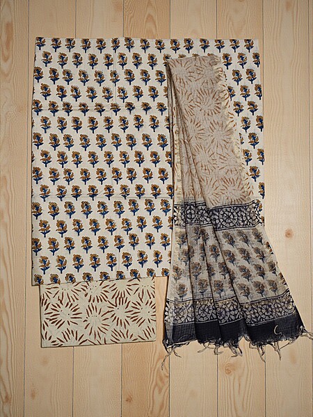Cream & Blue Bagru Print Kota Doria Dress Material