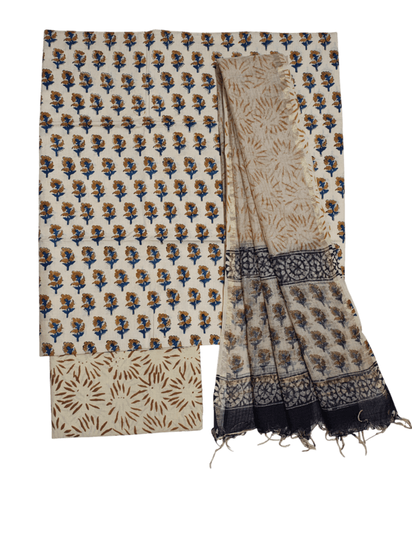 Cream & Blue Bagru Print Kota Doria Dress Material