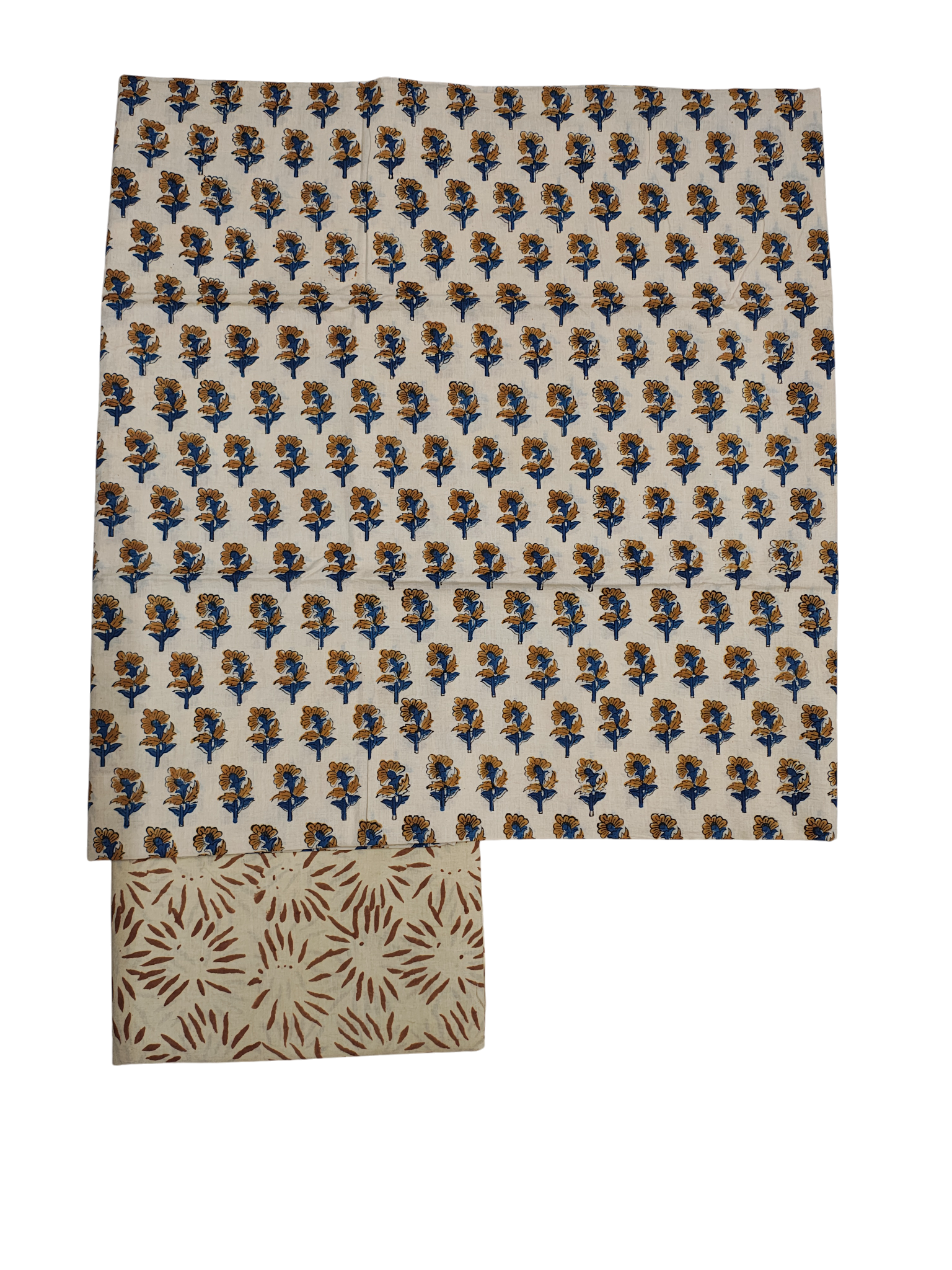 Cream & Blue Bagru Print Kota Doria Dress Material