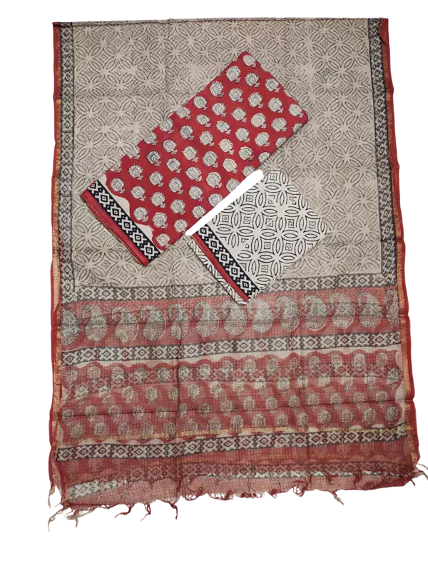 Cream & Red Bagru Print Kota Doria Dress Material