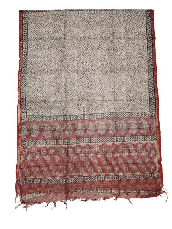 Cream & Red Bagru Print Kota Doria Dress Material