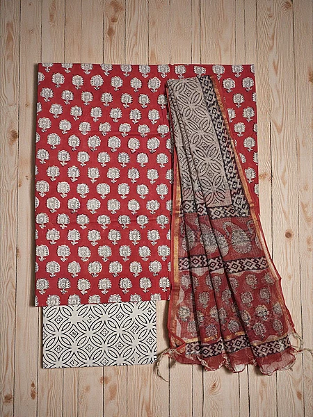 Cream & Red Bagru Print Kota Doria Dress Material