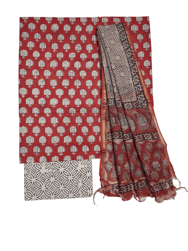 Cream & Red Bagru Print Kota Doria Dress Material