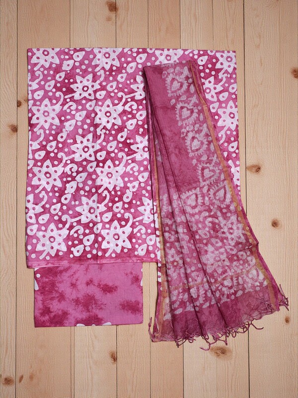 Pink Kota Doria Batik Print Dress Material for Women