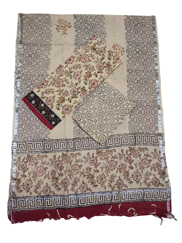 Maroon & Green Bagru Print Linen Unstitched Suit Set