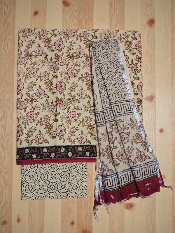 Maroon & Green Bagru Print Linen Unstitched Suit Set