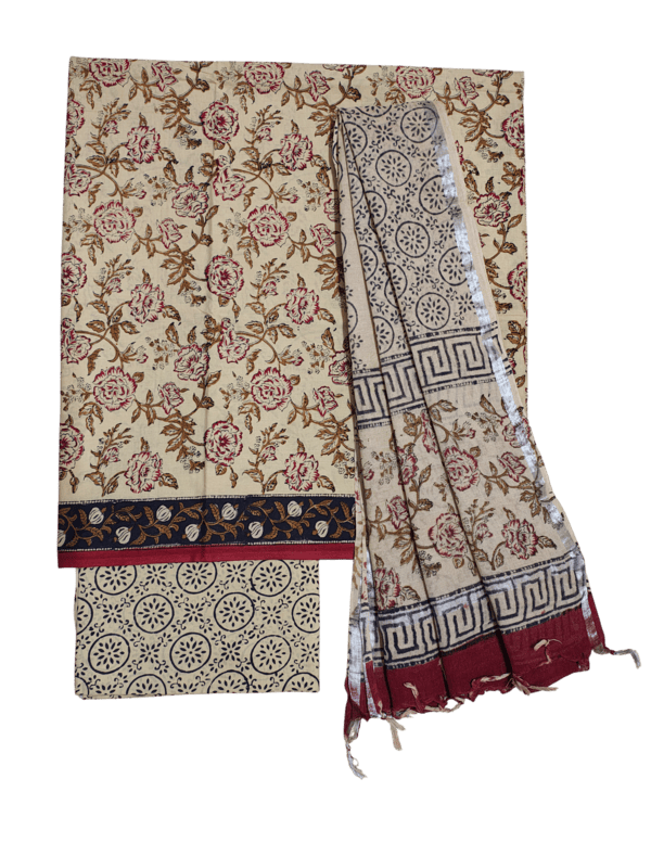 Maroon & Green Bagru Print Linen Unstitched Suit Set