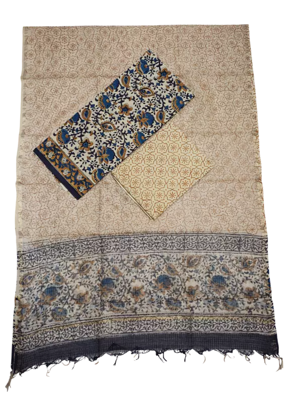 Cream & Black Bagru Print Kota Doria Dress Material