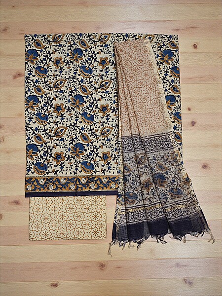 Cream & Black Bagru Print Kota Doria Dress Material