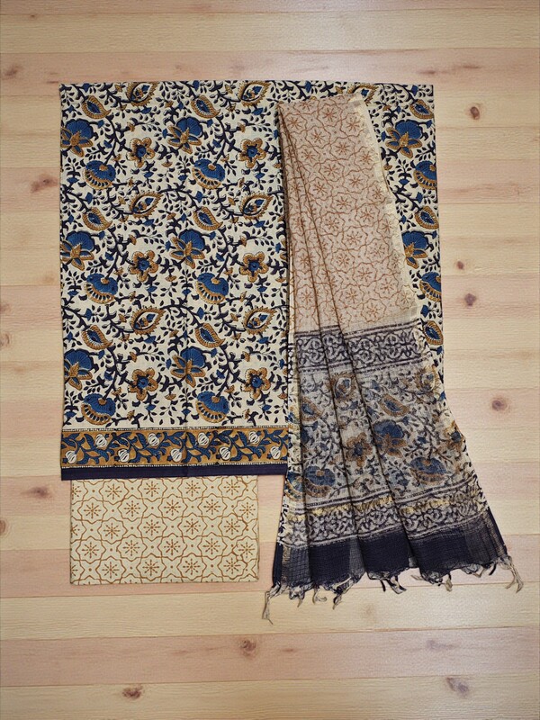 Cream & Black Bagru Print Kota Doria Dress Material