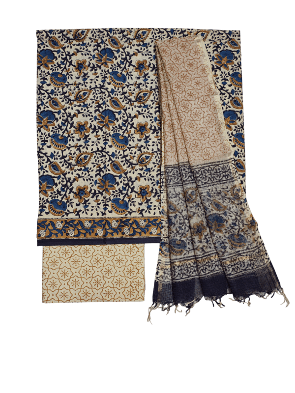 Cream & Black Bagru Print Kota Doria Dress Material