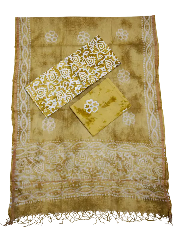 Olive Green Kota Doria Batik Print Dress Material for Women