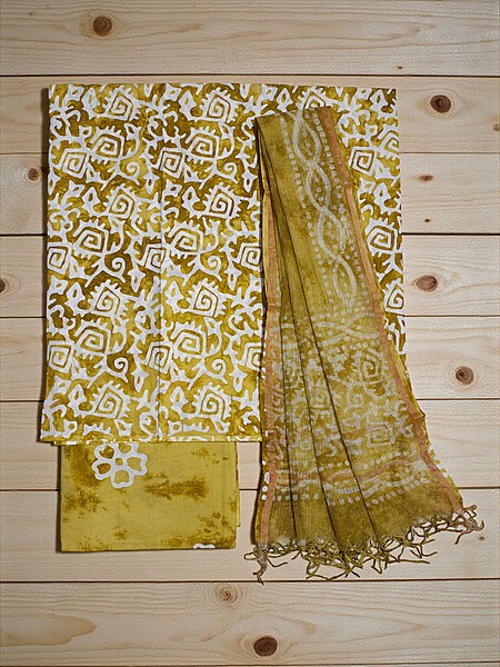 Olive Green Kota Doria Batik Print Dress Material for Women