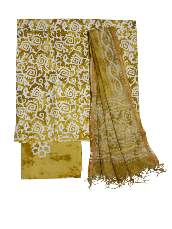 Olive Green Kota Doria Batik Print Dress Material for Women