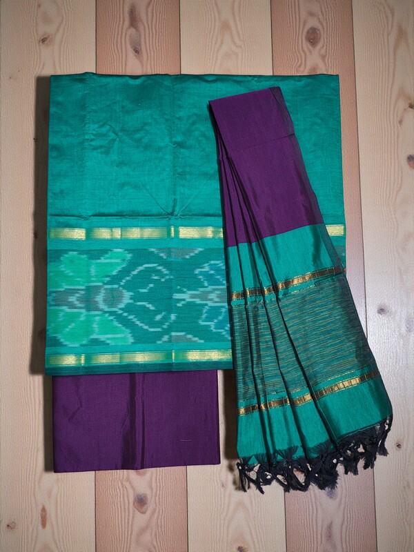 Teal & Purple Pochampally Ikkat Silk Unstitched Suit Set