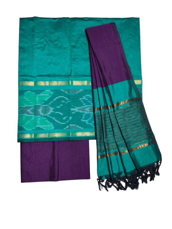 Teal & Purple Pochampally Ikkat Silk Unstitched Suit Set