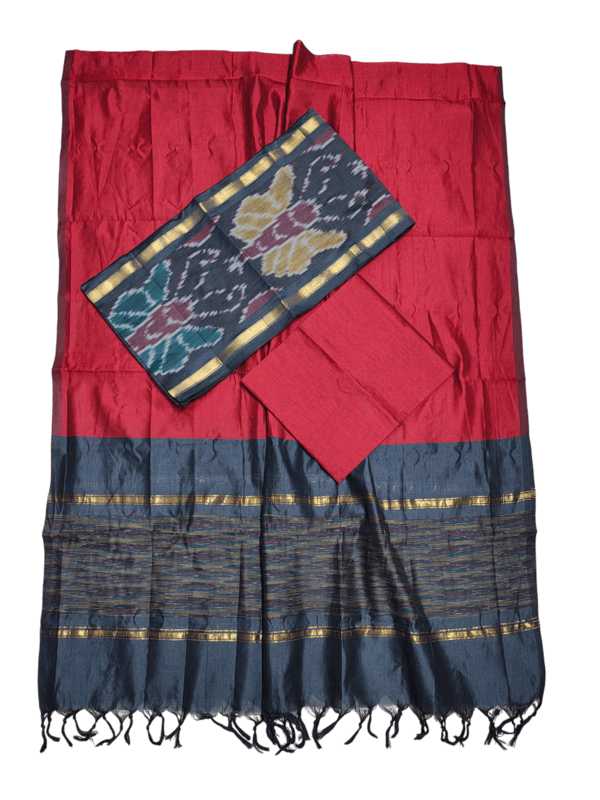 Grey & Red Pochampally Ikkat Silk Unstitched Suit Set
