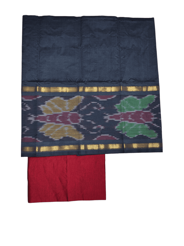 Grey & Red Pochampally Ikkat Silk Unstitched Suit Set