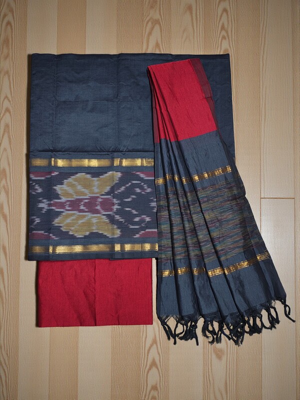 Grey & Red Pochampally Ikkat Silk Unstitched Suit Set