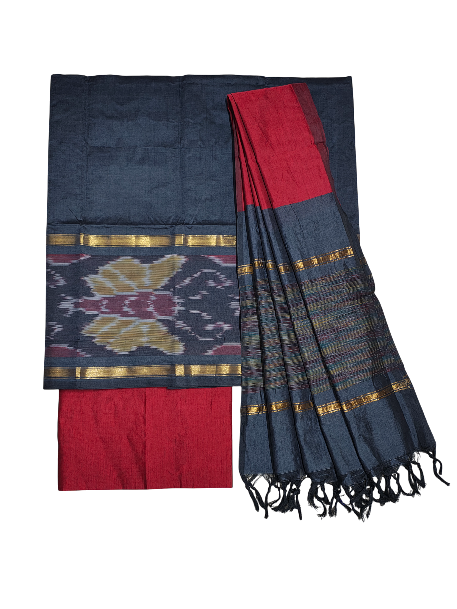 Grey & Red Pochampally Ikkat Silk Unstitched Suit Set