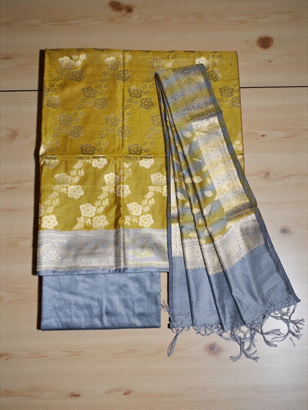 Yellow Banarasi Silk Zari Work Unstitched Suit Set with dupatta for Women