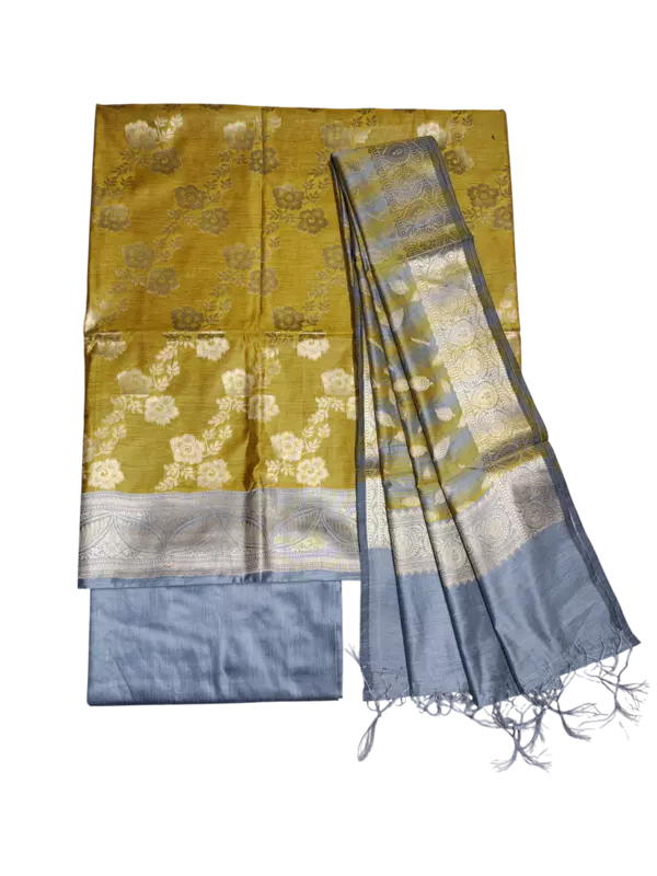 Yellow Banarasi Silk Zari Work Unstitched Suit Set with dupatta for Women