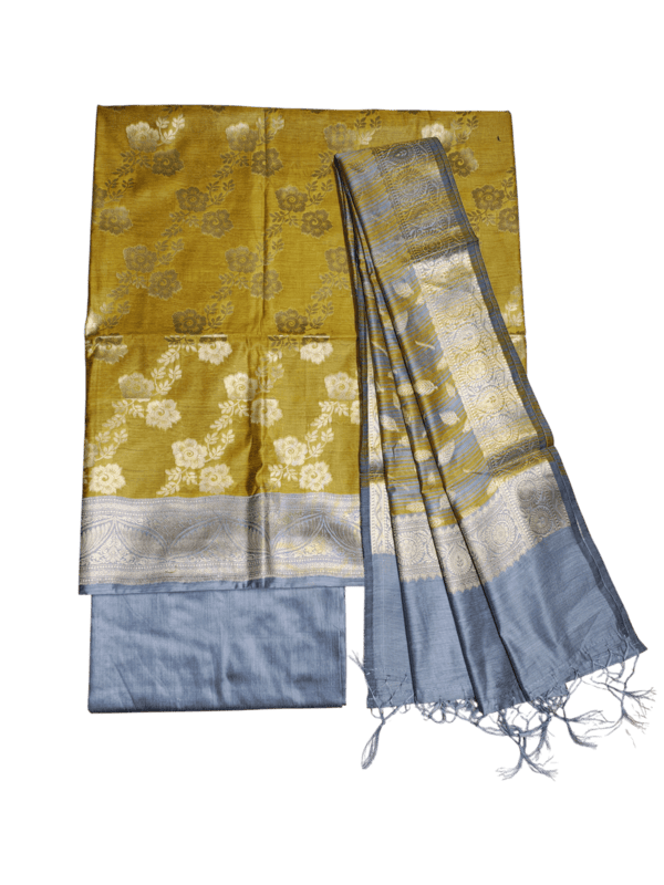 Yellow Banarasi Silk Zari Work Unstitched Suit Set with dupatta for Women