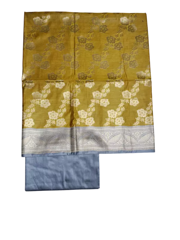 Yellow Banarasi Silk Zari Work Unstitched Suit Set with dupatta for Women