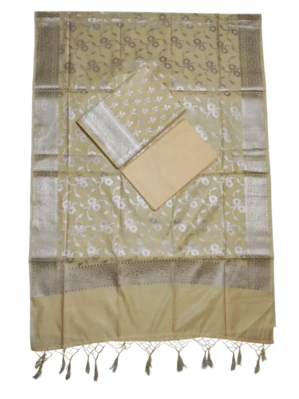 Yellow Banarasi Cotton Silk Dress Material for Women
