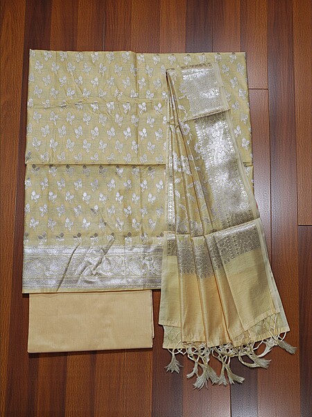 Yellow Banarasi Cotton Silk Dress Material for Women