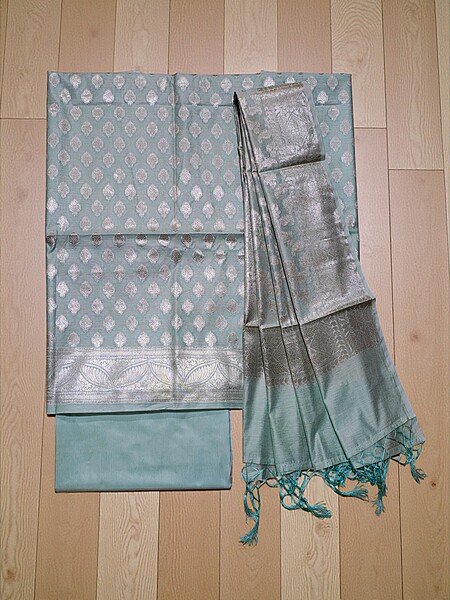 Light Firoza Banarasi Silk Zari Work Unstitched Suit Set with dupatta for Women