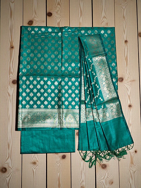 Firoza Banarasi Silk Zari Work Unstitched Suit Set with dupatta for Women