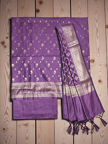 Purple Banarasi Silk Zari Work Unstitched Suit Set with dupatta for Women