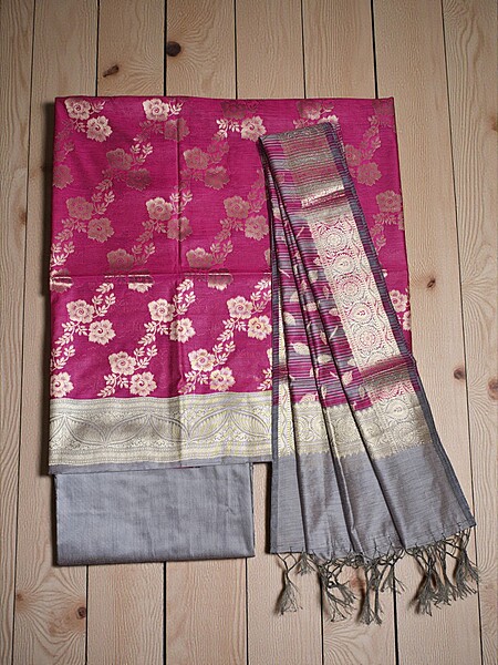 Rani Pink Banarasi Silk Zari Work Unstitched Suit Set with dupatta for Women