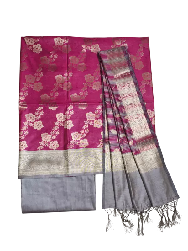 Rani Pink Banarasi Silk Zari Work Unstitched Suit Set with dupatta for Women