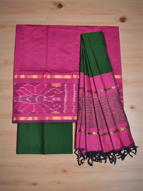 Rani Pink Pochampally Ikkat Silk Unstitched Suit Set