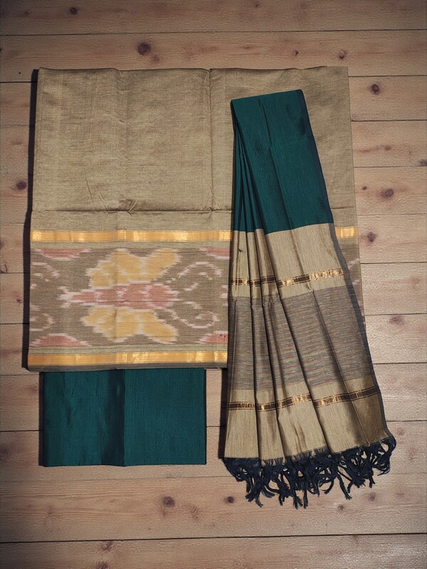 Beige & Green Pochampally Ikkat Silk Unstitched Suit Set