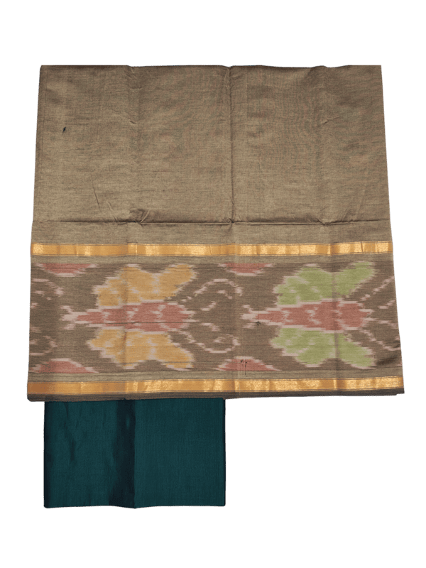 Beige & Green Pochampally Ikkat Silk Unstitched Suit Set