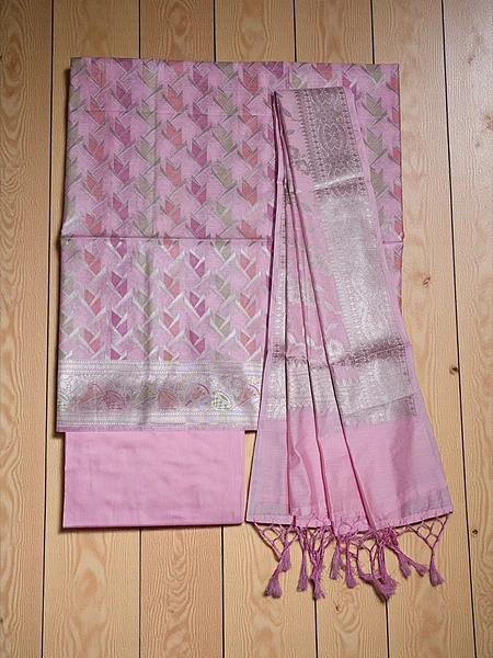 Pink Banarasi Silk Zari Work Dress Materials with dupatta for Women