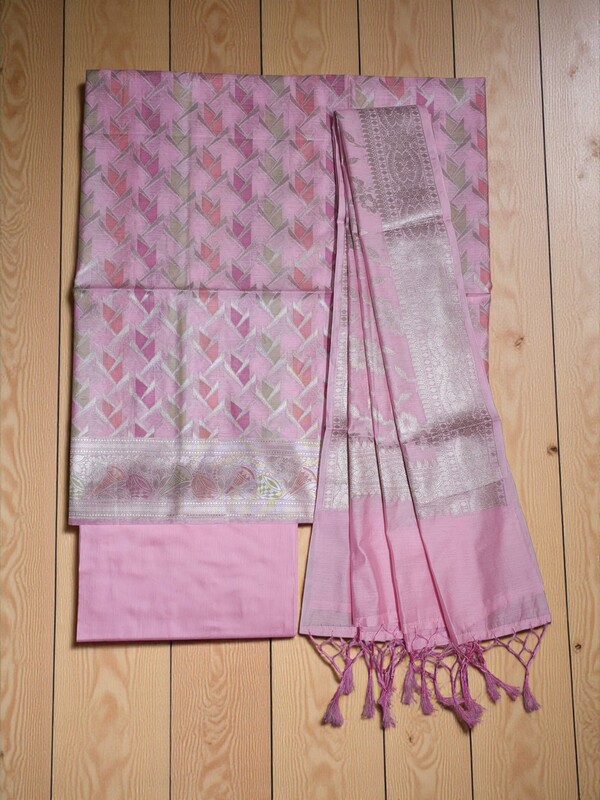 Pink Banarasi Silk Zari Work Dress Materials with dupatta for Women